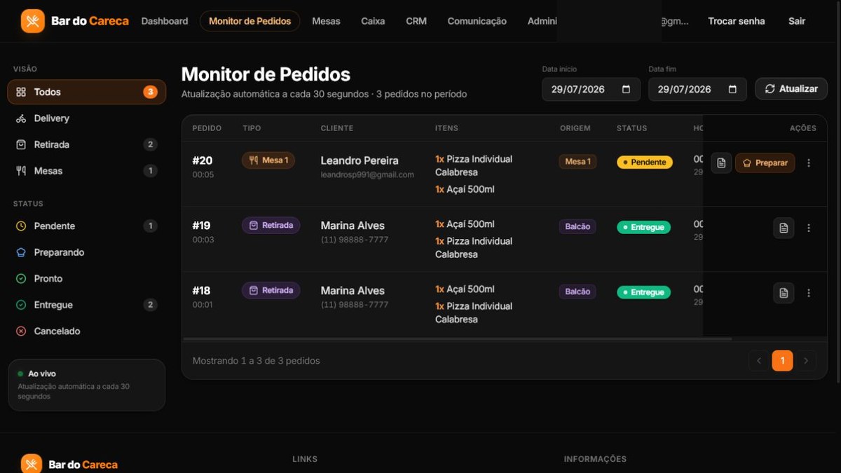 Monitor de Pedidos aberto com o indicador Ao vivo na lateral e os pedidos do período