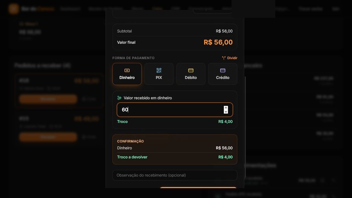 Recebimento no Caixa com pagamento em dinheiro, valor recebido e troco calculado