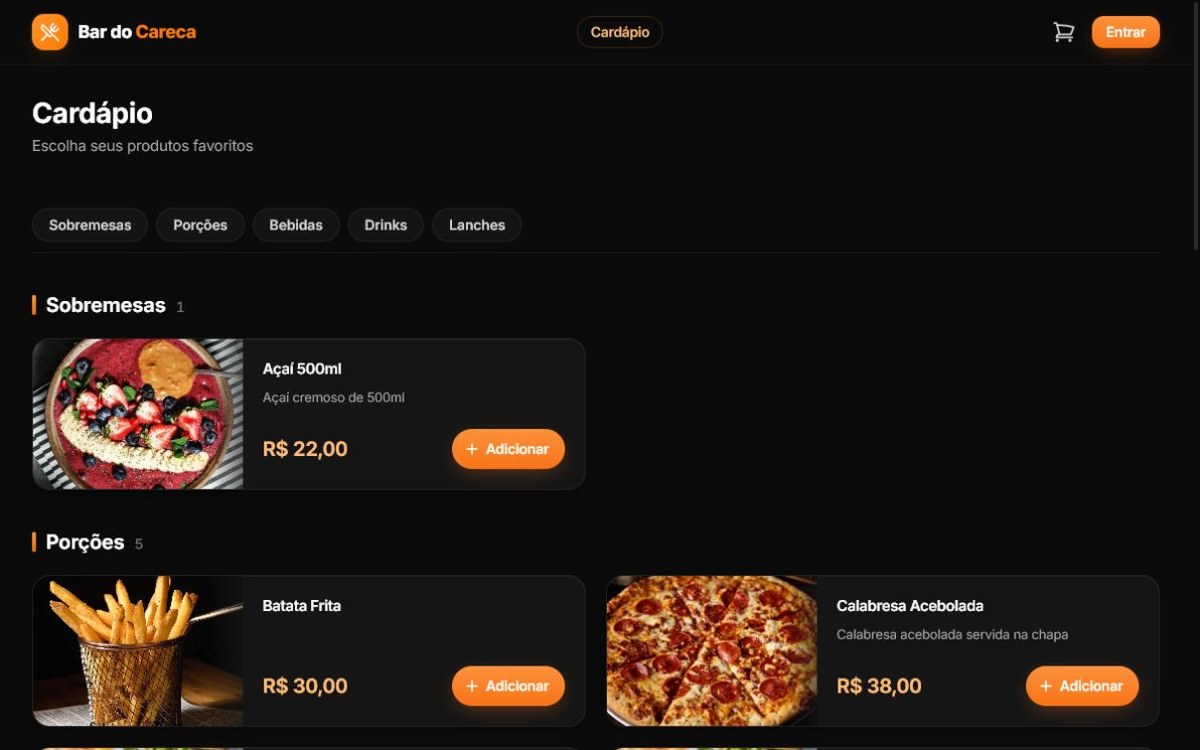 Cardápio digital com os filtros de categoria e os produtos com foto e preço