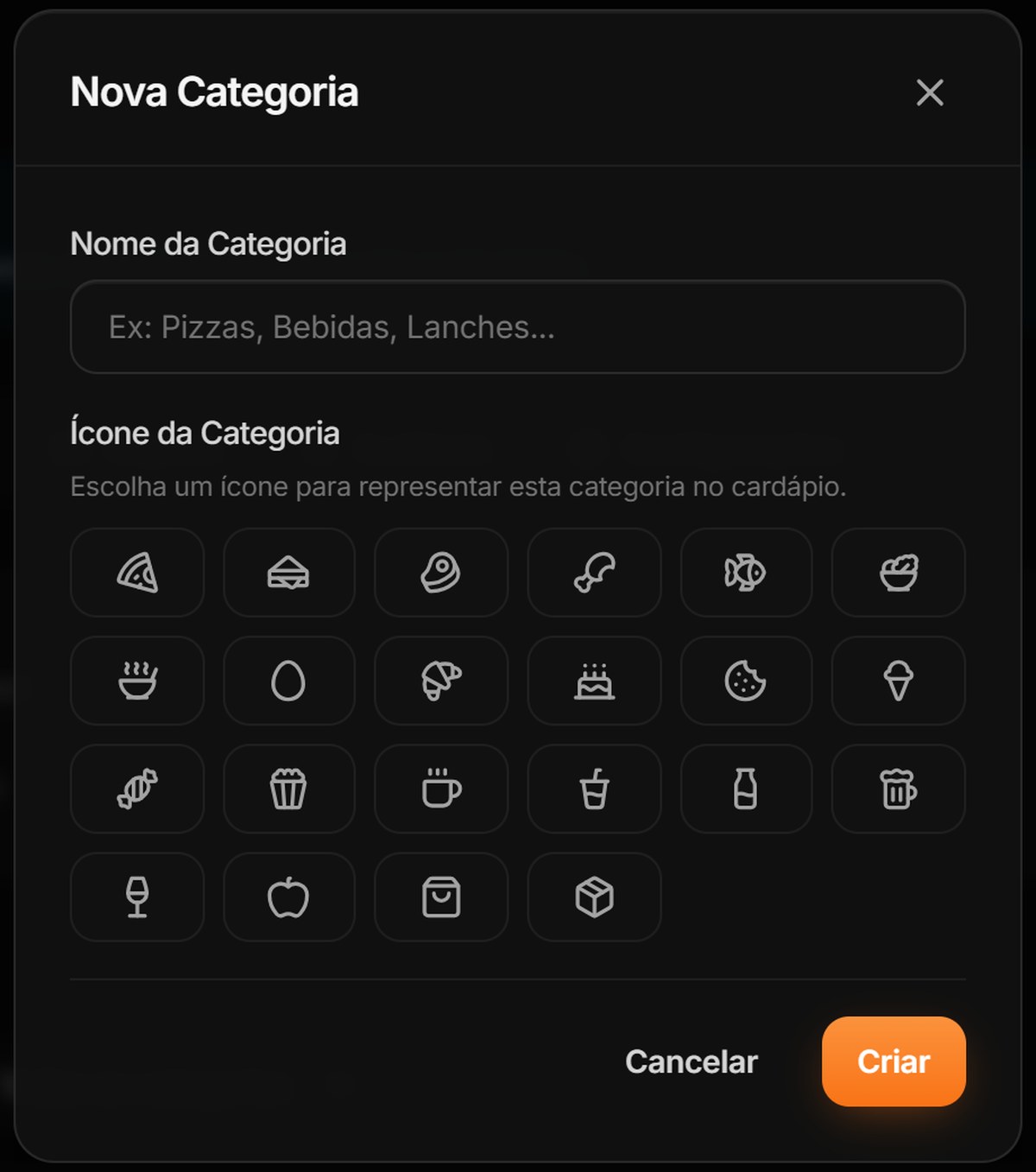 Modal Nova Categoria com o campo Nome da Categoria, a grade de ícones para escolher e os botões Cancelar e Criar