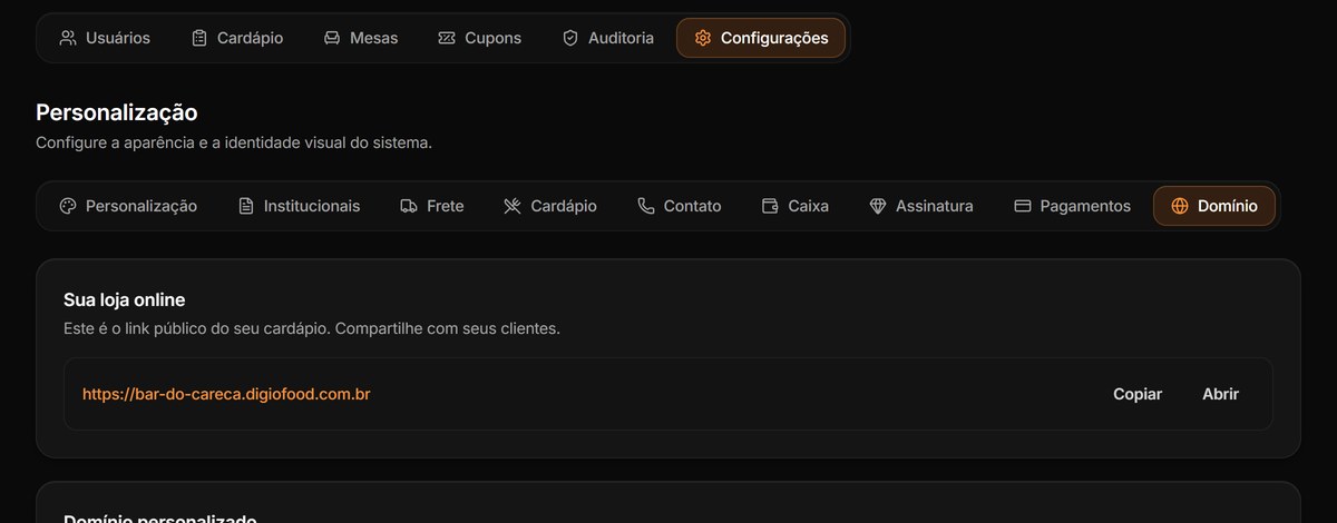 Aba Domínio das configurações, com o bloco Sua loja online e o link público do cardápio, com os botões Copiar e Abrir