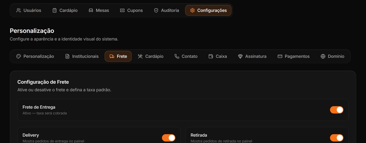 Aba Frete das configurações, com a Configuração de Frete, a chave Frete de Entrega e as chaves Delivery e Retirada