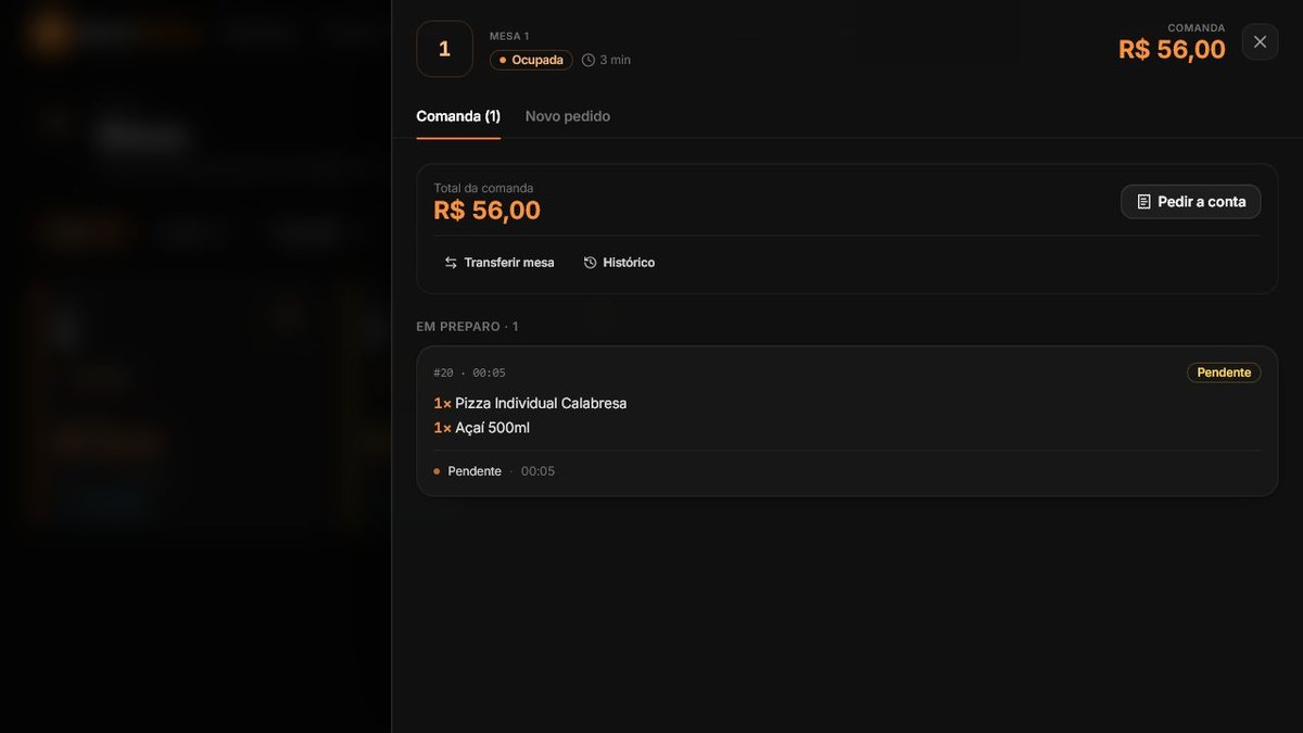 Comanda da Mesa 1 com os itens lançados, total, status do pedido e o botão Pedir a conta