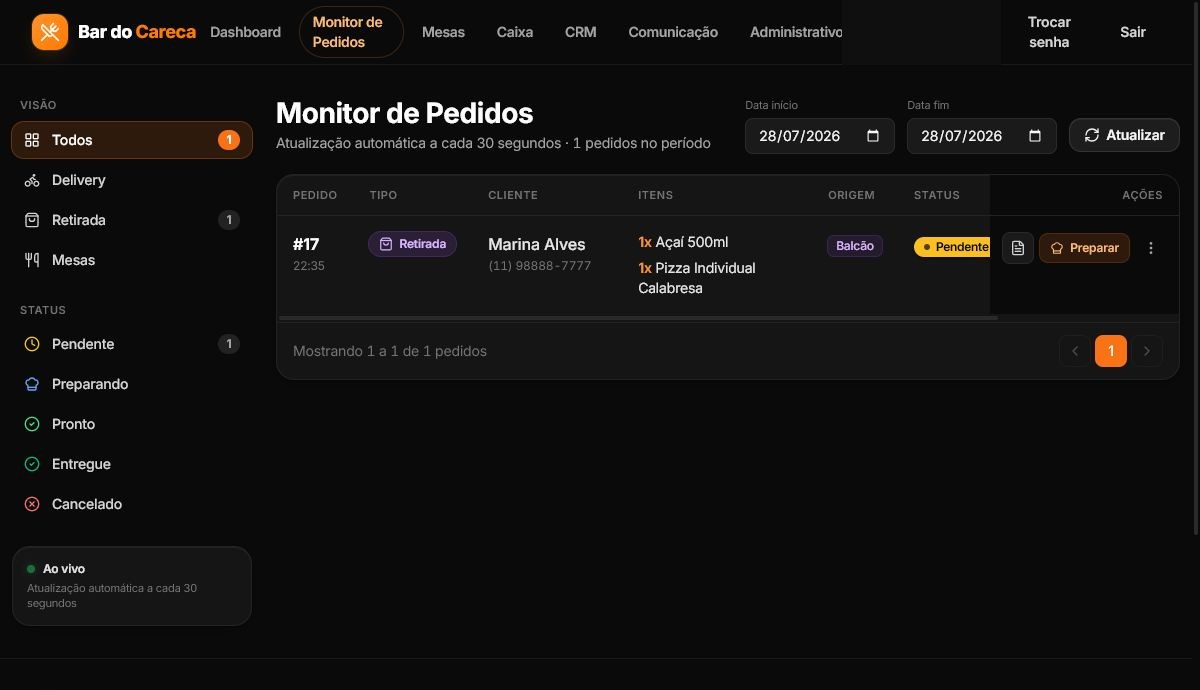 Monitor de Pedidos com os filtros por canal e por status na lateral, o pedido com tipo, cliente, itens e status, e o indicador Ao vivo