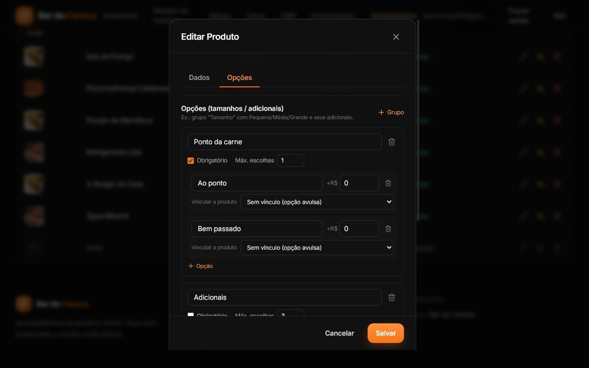 Aba Opções do cadastro de produto, com o grupo Ponto da carne marcado como obrigatório, máximo de escolhas e as opções Ao ponto e Bem passado, e o grupo Adicionais abaixo