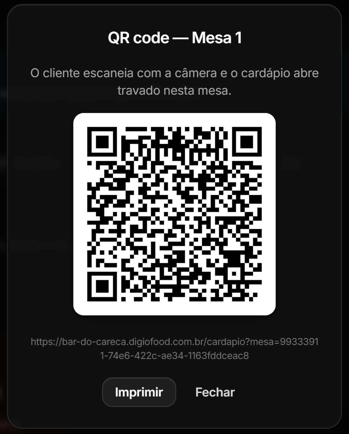 Modal QR code da Mesa 1, com o QR, o endereço que ele abre e os botões Imprimir e Fechar