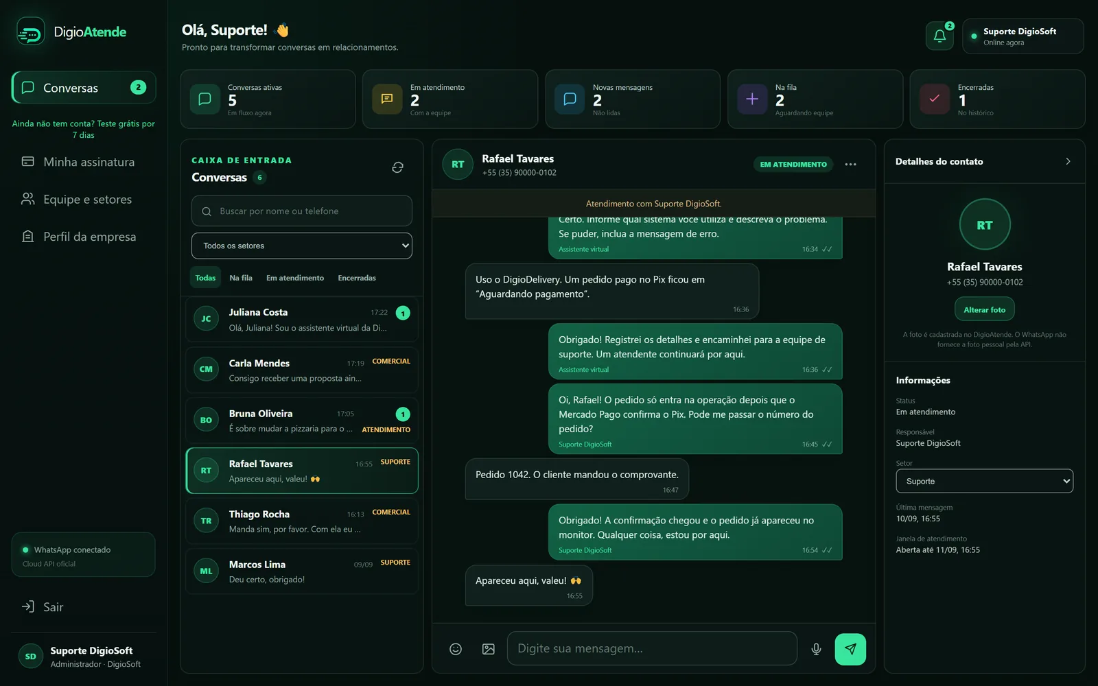 Conversa de suporte no DigioAtende com respostas do assistente virtual e do atendente