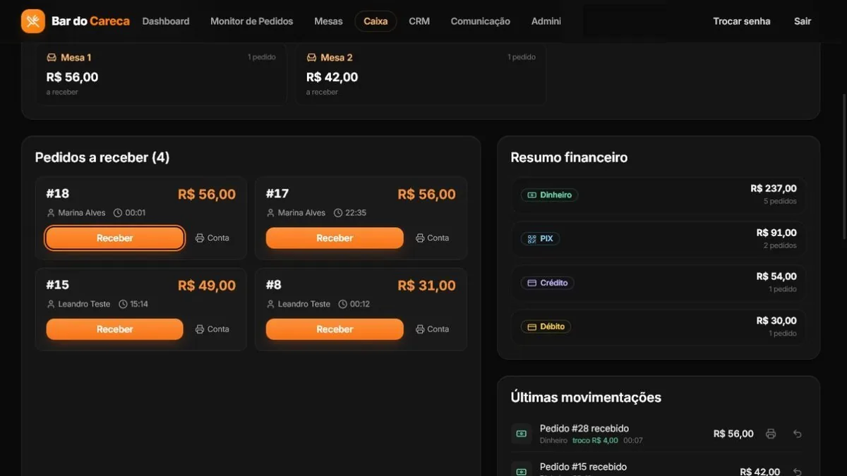 Tela do Caixa do DigioDelivery com pedidos a receber e o resumo por forma de pagamento