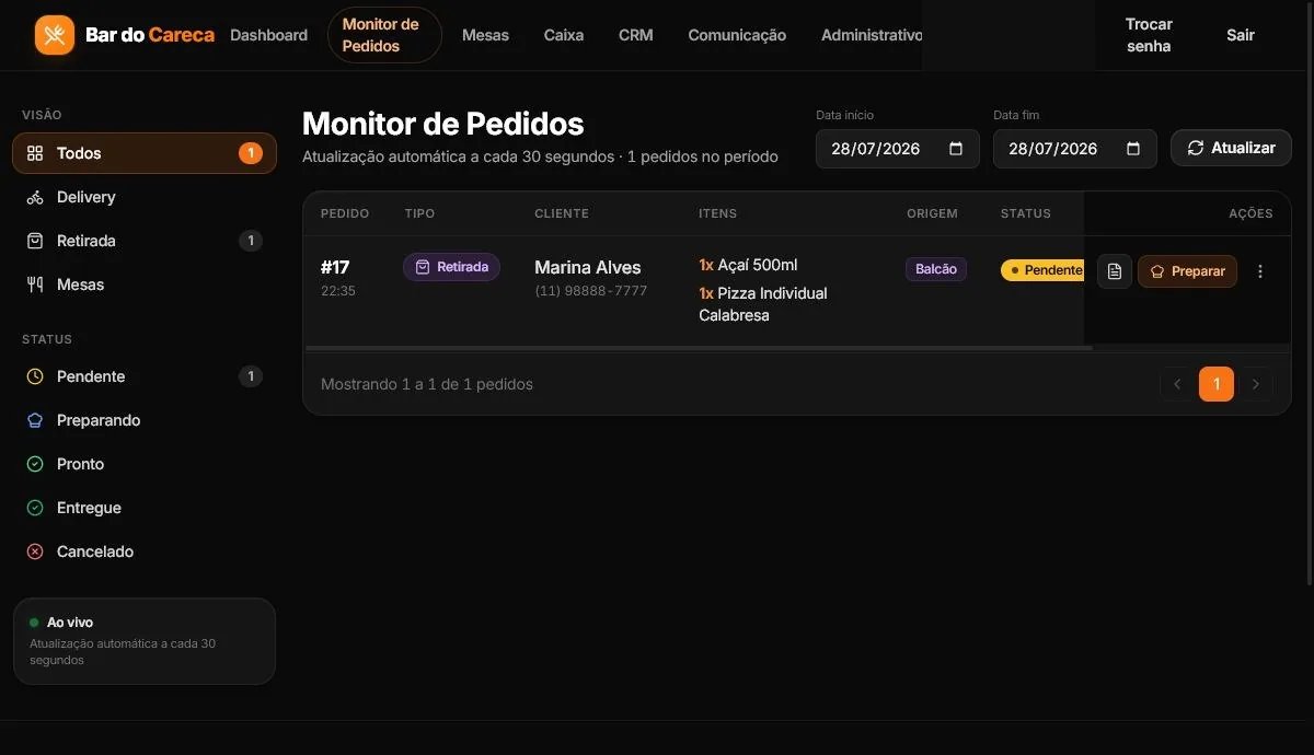 Monitor de pedidos do DigioDelivery com filtros por tipo e status